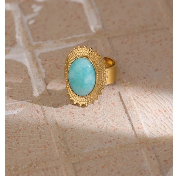 RETRO Large Aqua Natural Stone Gold Plated Statement Ring - Picture 2 of 12